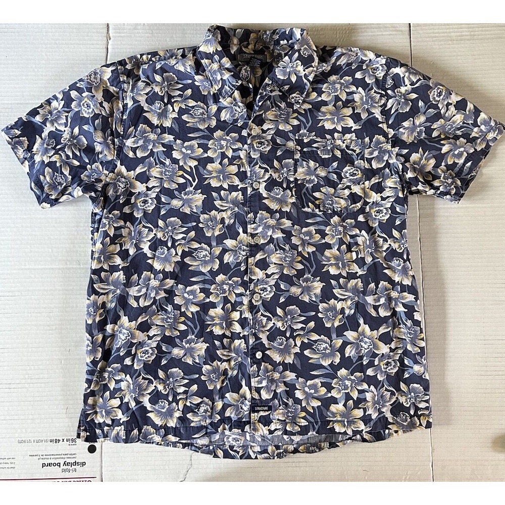 Vintage 90s Structure Hawaiian Shirt Mens XLarge Floral‎ Blue Button Up EUC